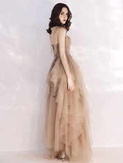 A-Line Bow-Tie Shoulder Straps Floor-Length Champagne Tulle Layered Prom Dress
