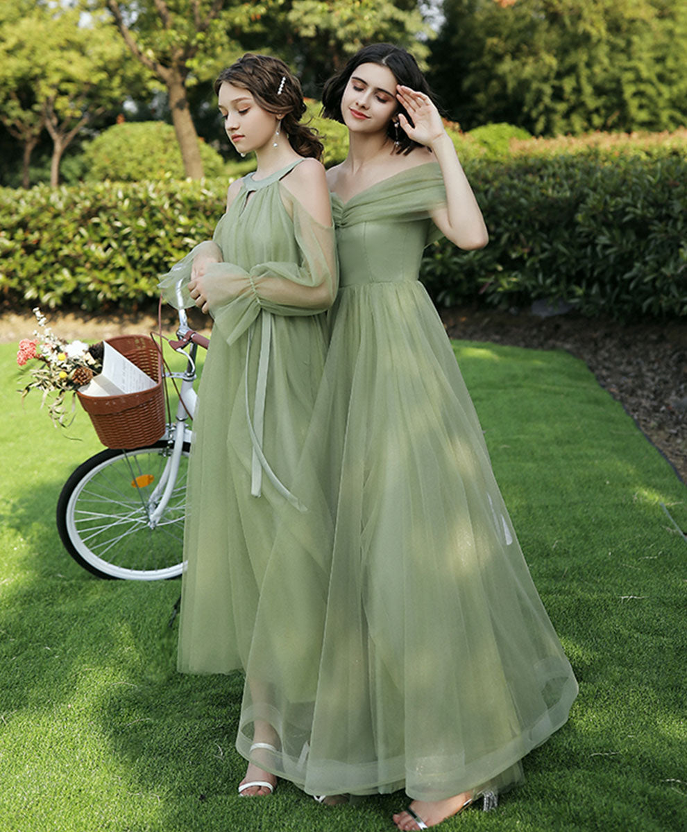 A-Line Sage Green Off-the-Shoulder Floor-Length Tulle Prom Dress with Draped Bodice