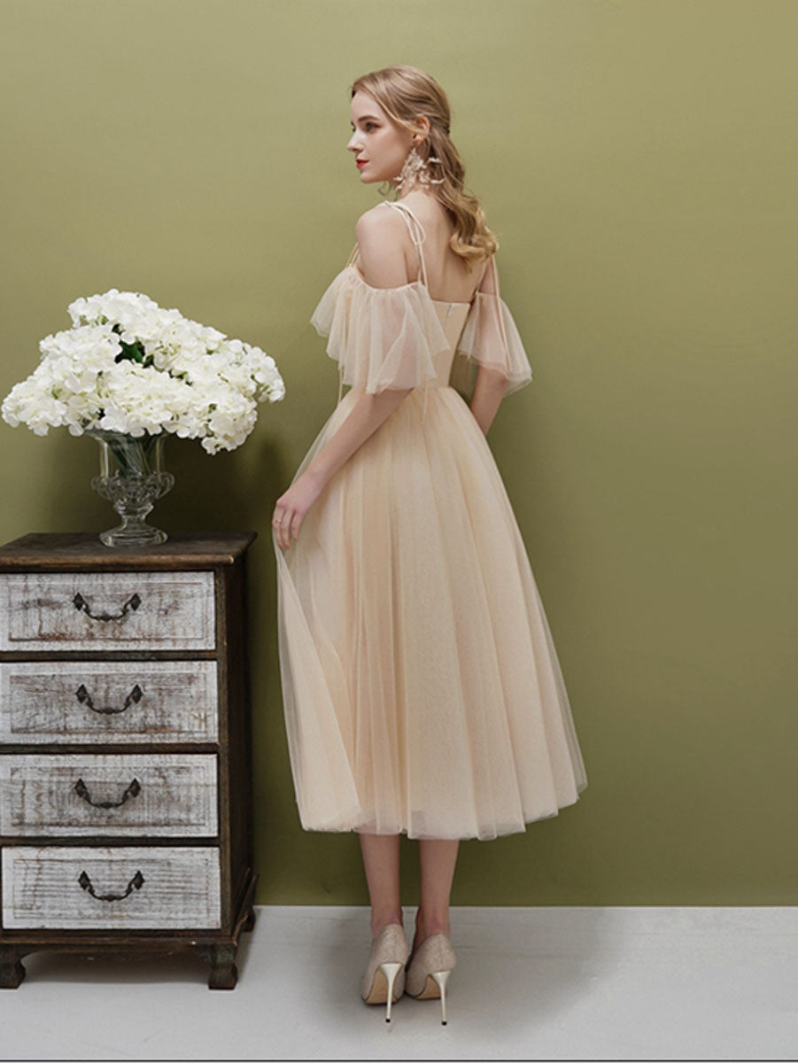 A-Line Sweetheart Neckline Knee-Length Champagne Tulle Corset-Inspired Prom Dress