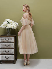 A-Line Sweetheart Neckline Knee-Length Champagne Tulle Corset-Inspired Prom Dress