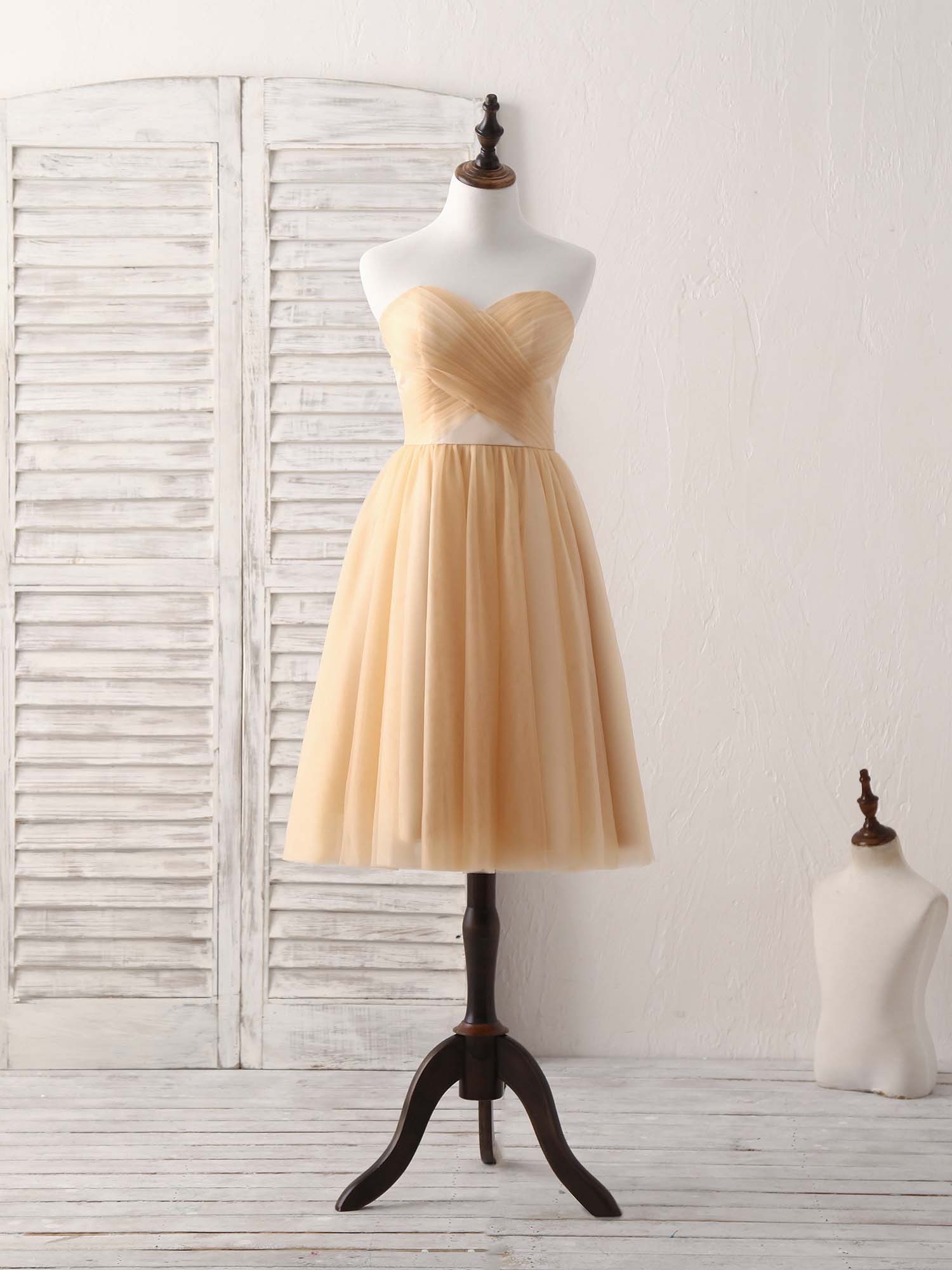 A-line Strapless Tea-Length Tulle Homecoming Dress with Pleated Bodice