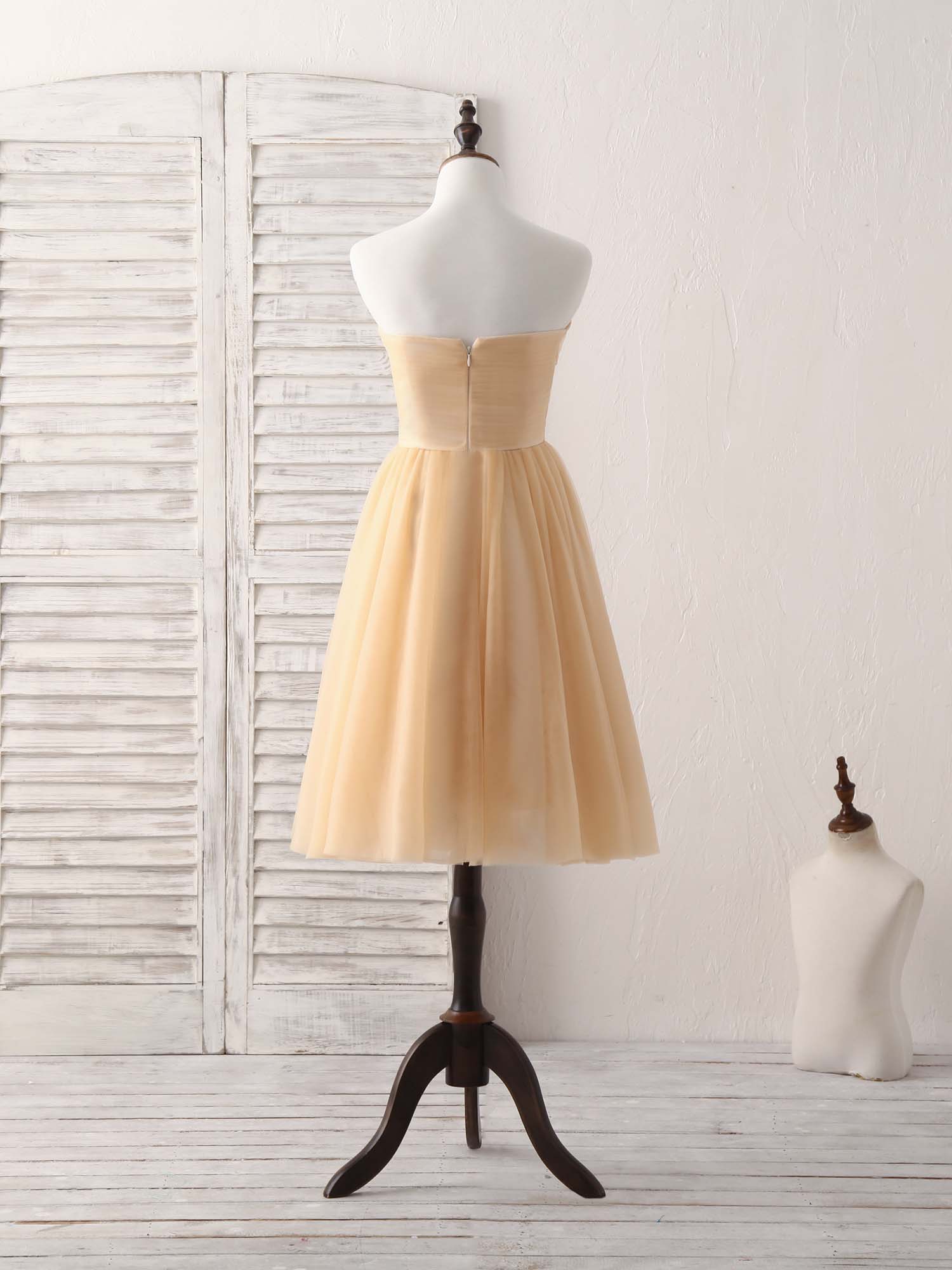 A-line Strapless Tea-Length Tulle Homecoming Dress with Pleated Bodice