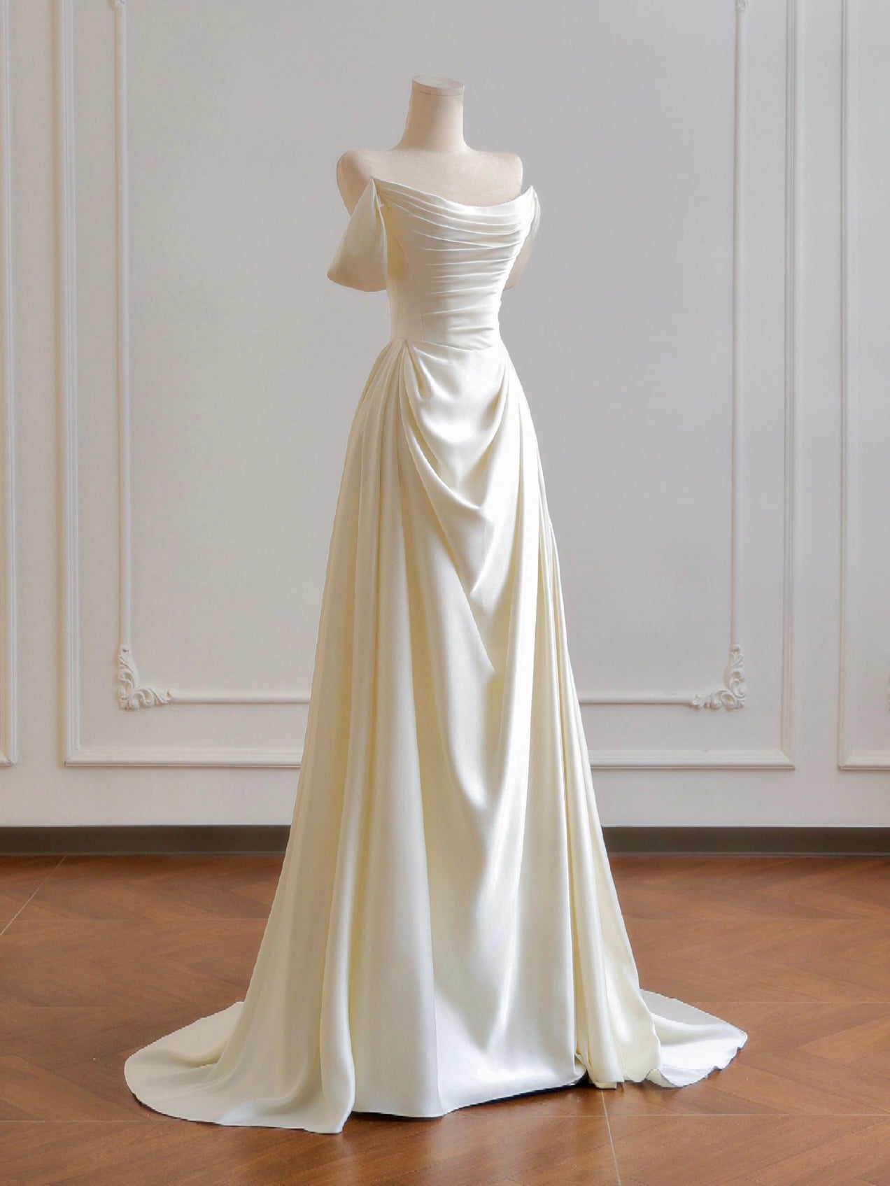 A-Line Off Shoulder Satin Light Champagne Long Prom Dress, Light Champagne Formal Dress