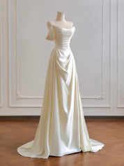 A-Line Off Shoulder Satin Light Champagne Long Prom Dress, Light Champagne Formal Dress