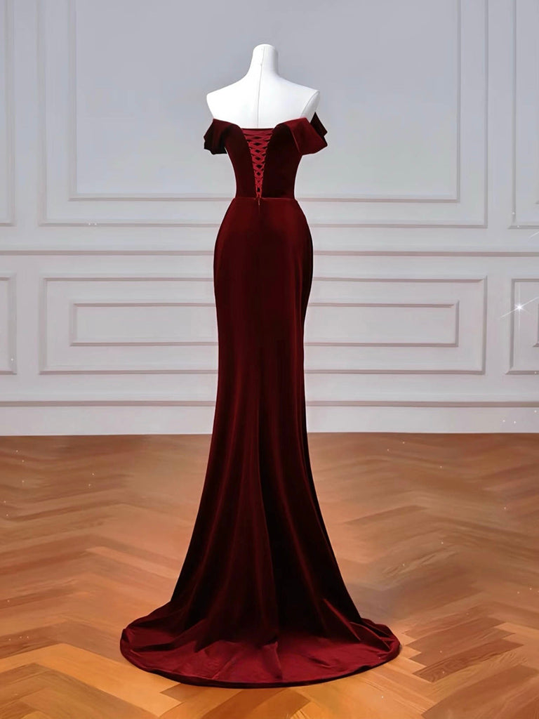 Mermaid Velvet Burgundy Long Prom Dress, Burgundy Long Formal Dress