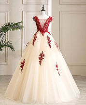 Ball Gown Ivory Illusion Neck Floor-Length Tulle Dress with Red Lace Appliqué Prom Dress