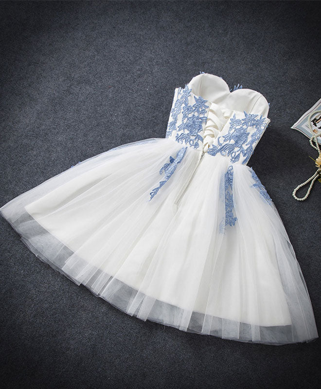 A-Line Sweetheart Knee-Length Tulle Lace Appliqué Blue & White Homecoming Dress