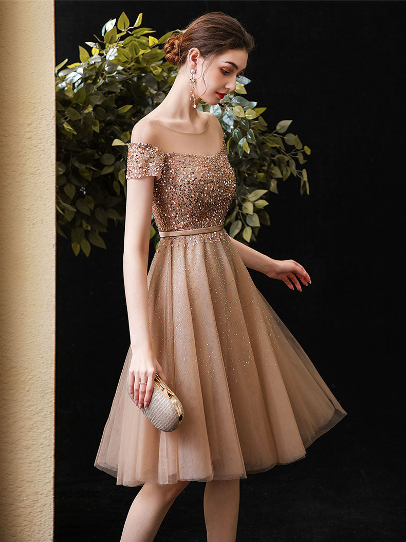 A-Line Illusion Off-the-Shoulder Knee-Length Champagne Tulle Homecoming Dress with Allover Beading