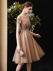 A-Line Illusion Off-the-Shoulder Knee-Length Champagne Tulle Homecoming Dress with Allover Beading