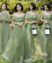 A-Line Sage Green Off-the-Shoulder Floor-Length Tulle Prom Dress with Draped Bodice