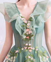 A-Line V-Neck Floor-Length Mint Green Tulle Lace Prom Dress with Floral Appliqué