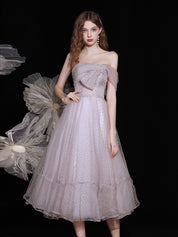 A-Line Strapless Tea-Length Dusty Lavender Tulle Prom Dress with Bow Detail