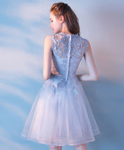 A-Line Illusion Neck Knee-Length Light Blue Tulle Lace Homecoming Dress