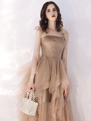 A-Line Bow-Tie Shoulder Straps Floor-Length Champagne Tulle Layered Prom Dress