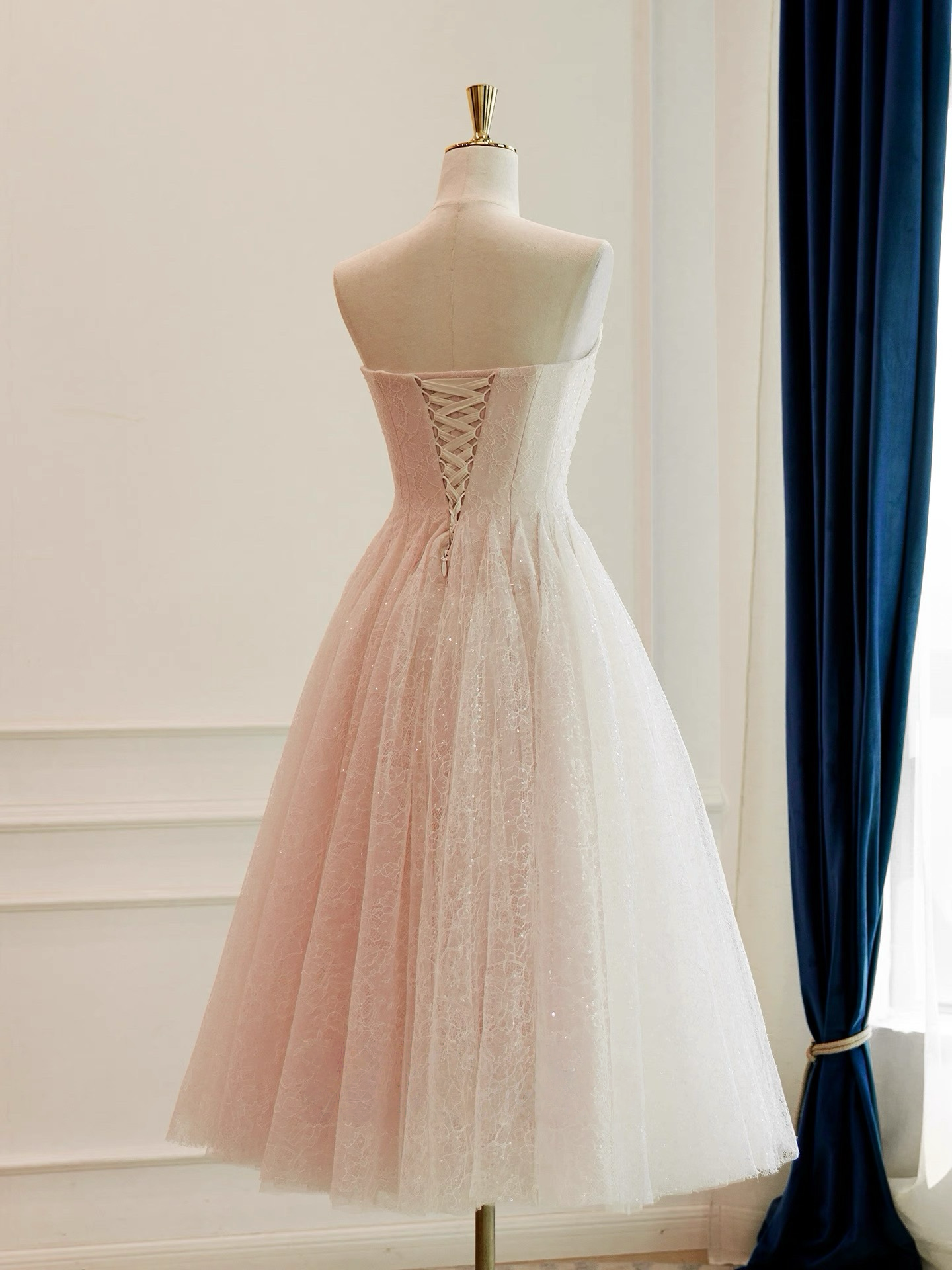 A-Line Tulle Lace Short Prom Dress, Champagne Pink Homecoming Dress