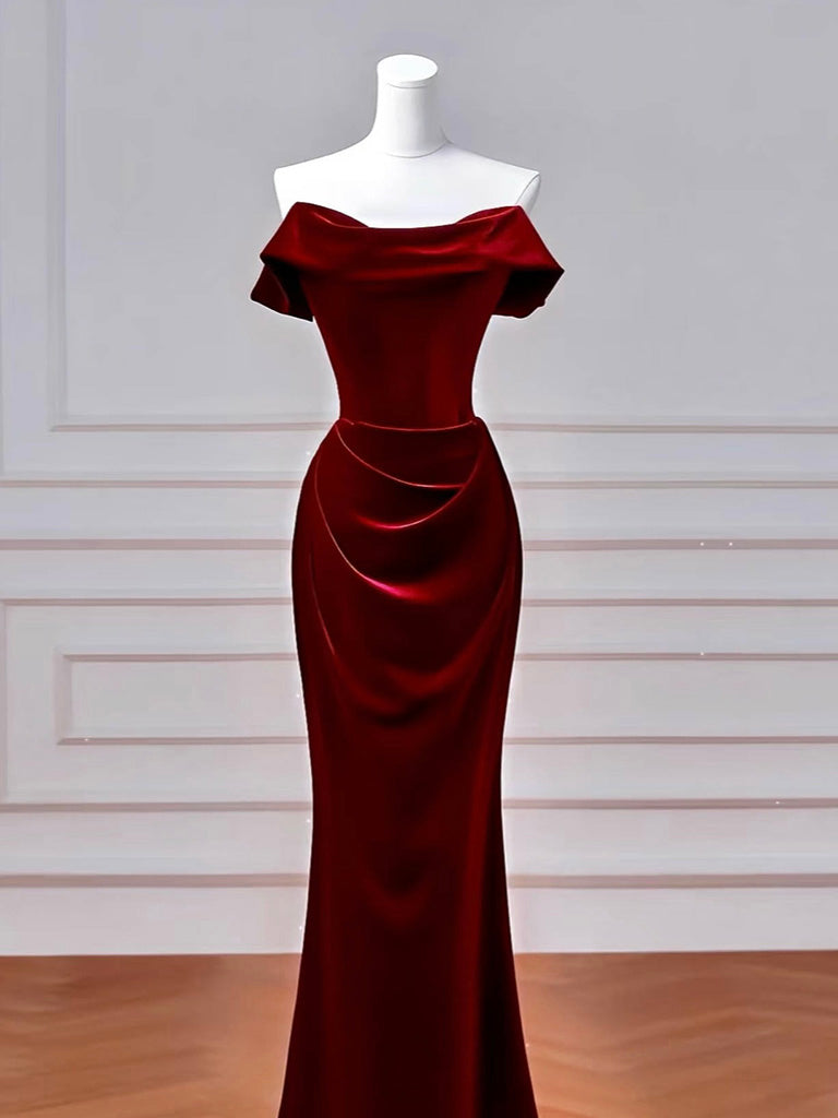 Mermaid Velvet Burgundy Long Prom Dress, Burgundy Long Formal Dress
