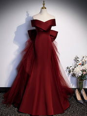 Mermaid/A-Line Off-the-Shoulder Floor-Length Burgundy Tulle Prom Dress with Sculptural Bow Detail