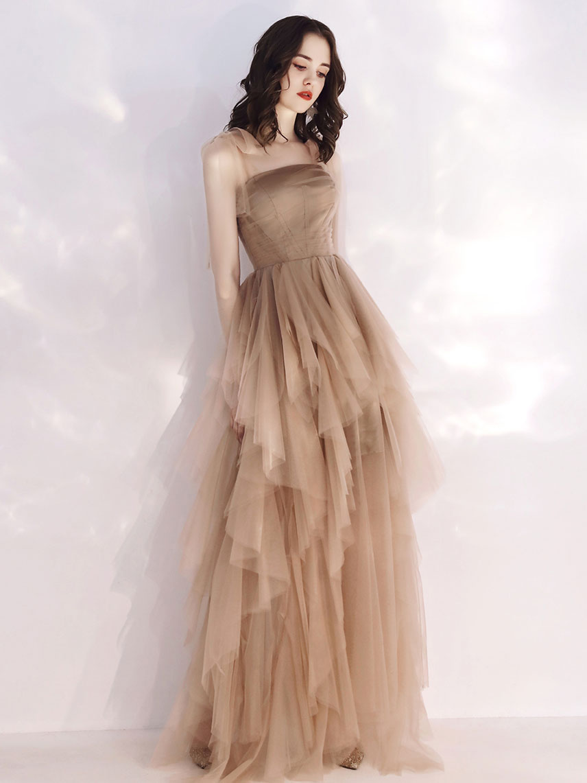 A-Line Bow-Tie Shoulder Straps Floor-Length Champagne Tulle Layered Prom Dress