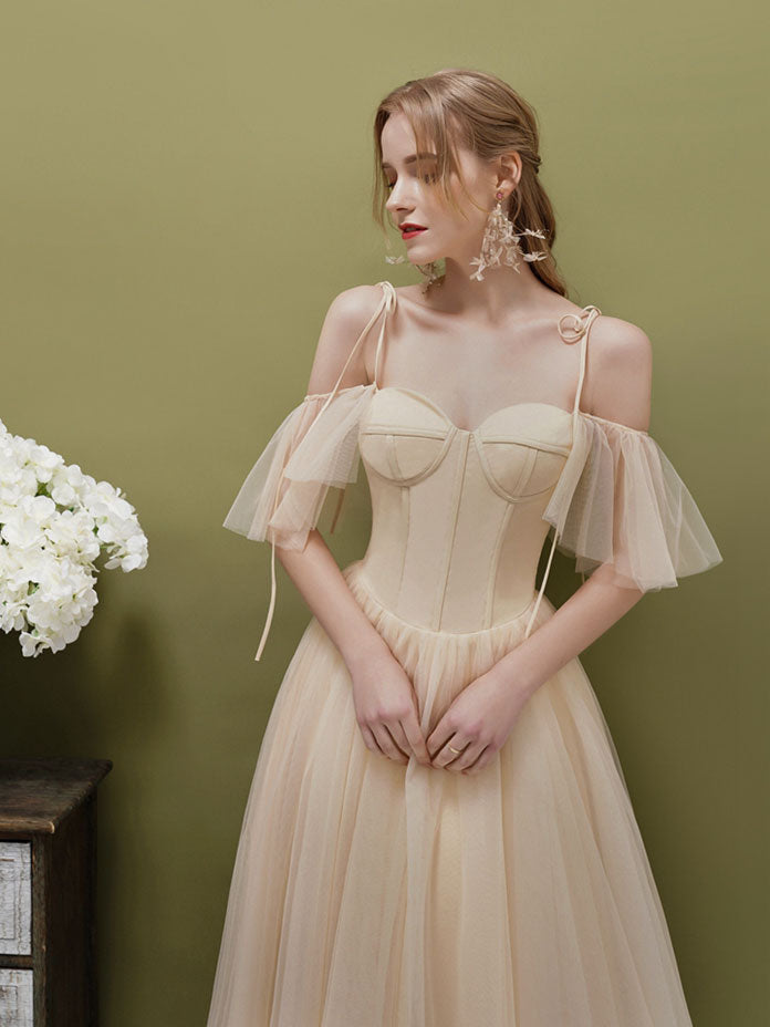 A-Line Sweetheart Neckline Knee-Length Champagne Tulle Corset-Inspired Prom Dress