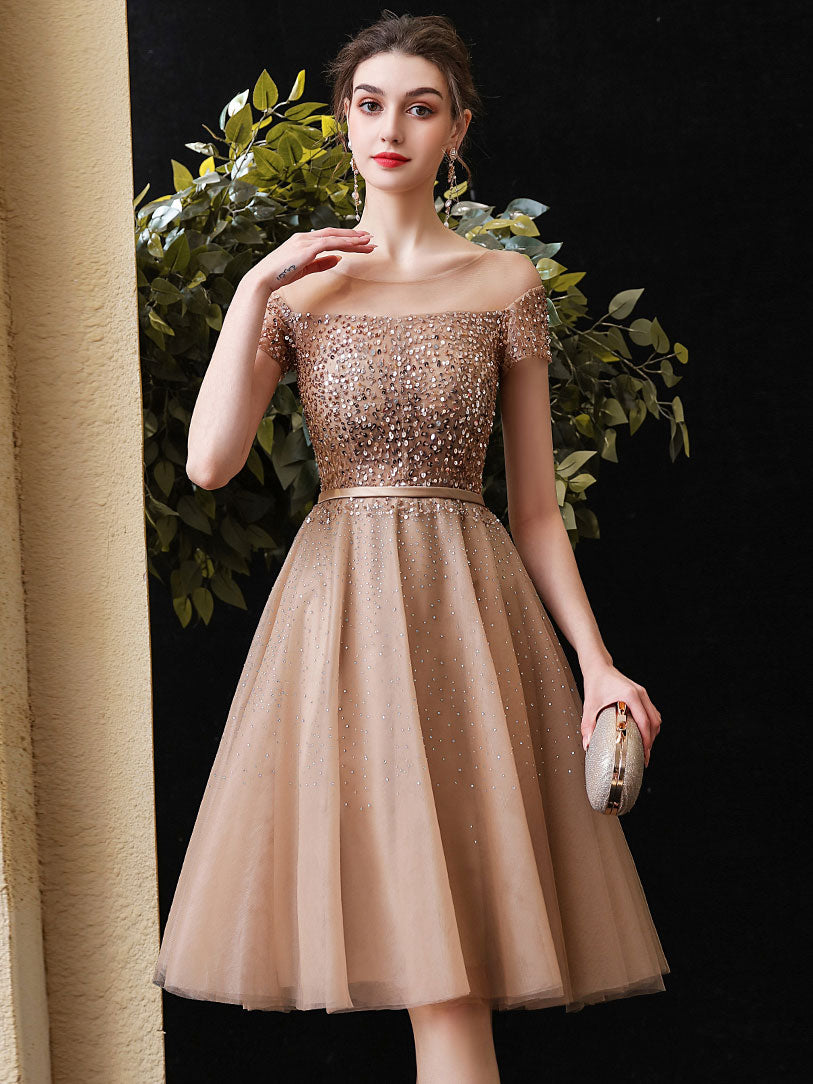 A-Line Illusion Off-the-Shoulder Knee-Length Champagne Tulle Homecoming Dress with Allover Beading