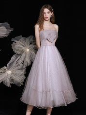 A-Line Strapless Tea-Length Dusty Lavender Tulle Prom Dress with Bow Detail