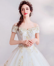 A-Line Off-the-Shoulder Sweetheart Floor-Length Ivory Tulle Gold Lace Appliqué Prom Dress