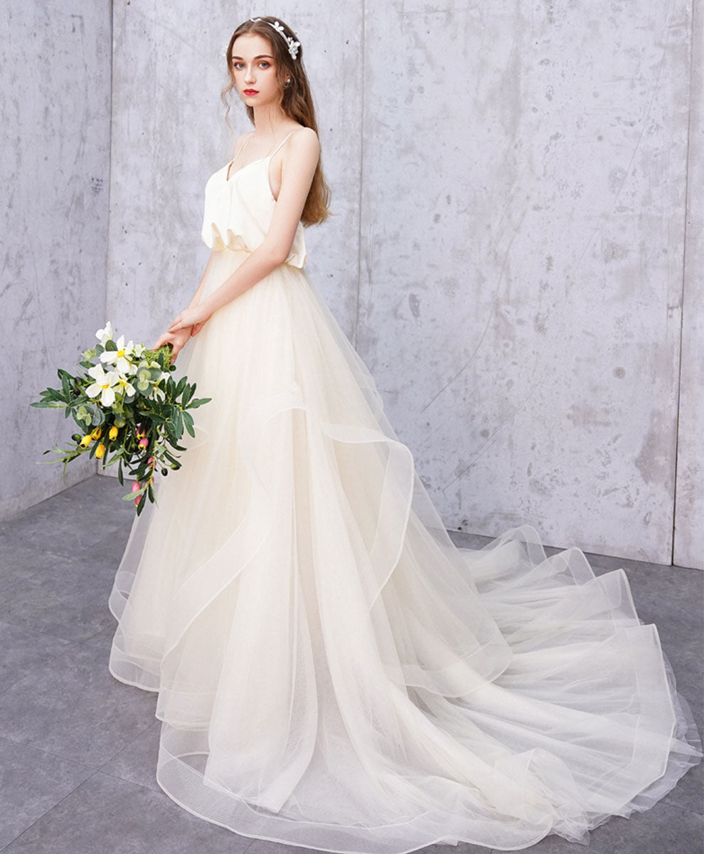 A-Line Spaghetti Straps Floor-Length Ivory Tulle Flowing Prom Dress