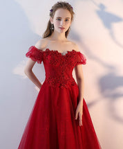 A-Line Off-the-Shoulder Floor-Length Red Tulle Lace Appliqué Prom Dress with Short Sleeves
