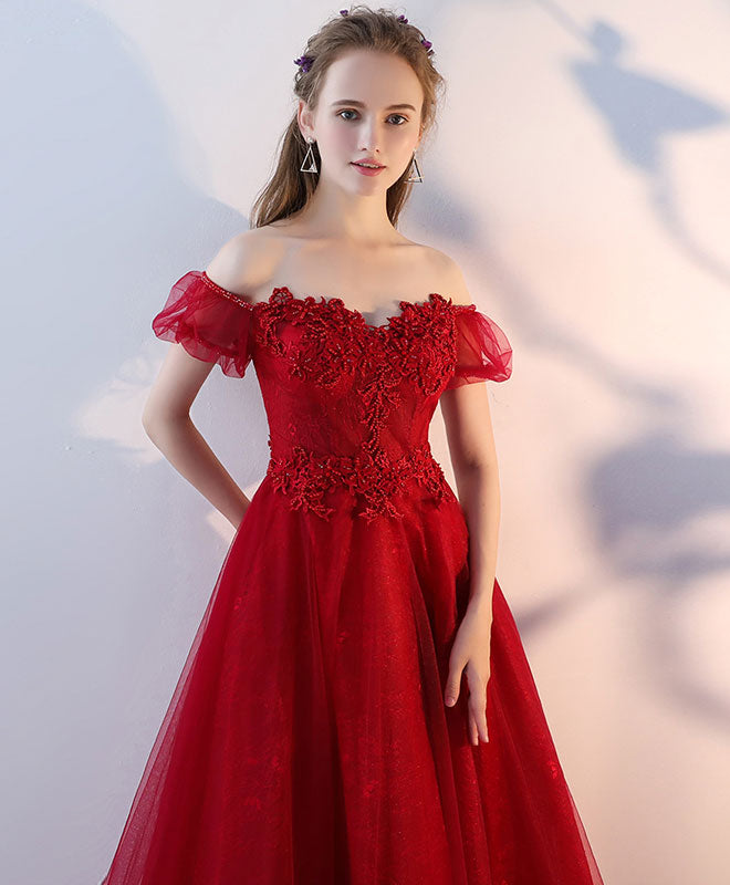 A-Line Off-the-Shoulder Floor-Length Red Tulle Lace Appliqué Prom Dress with Short Sleeves