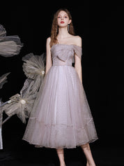 A-Line Strapless Tea-Length Dusty Lavender Tulle Prom Dress with Bow Detail