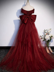 Mermaid/A-Line Off-the-Shoulder Floor-Length Burgundy Tulle Prom Dress with Sculptural Bow Detail