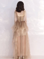 A-Line Bow-Tie Shoulder Straps Floor-Length Champagne Tulle Layered Prom Dress