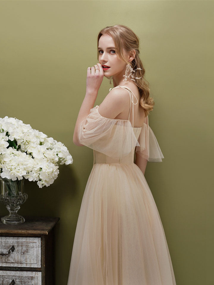 A-Line Sweetheart Neckline Knee-Length Champagne Tulle Corset-Inspired Prom Dress