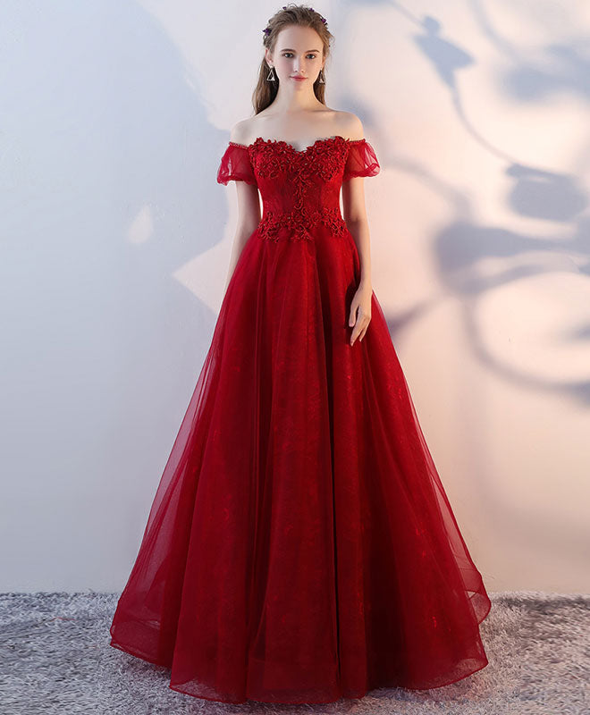 A-Line Off-the-Shoulder Floor-Length Red Tulle Lace Appliqué Prom Dress with Short Sleeves