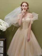 A-Line Sweetheart Neckline Knee-Length Champagne Tulle Corset-Inspired Prom Dress