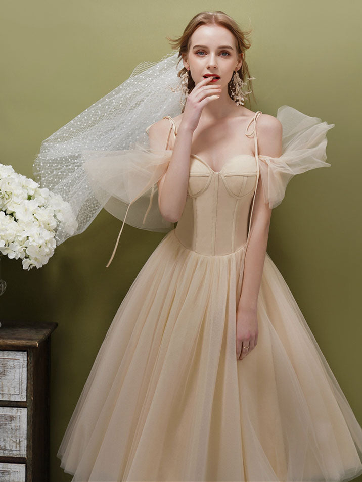 A-Line Sweetheart Neckline Knee-Length Champagne Tulle Corset-Inspired Prom Dress