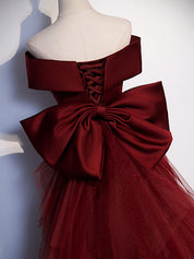 Mermaid/A-Line Off-the-Shoulder Floor-Length Burgundy Tulle Prom Dress with Sculptural Bow Detail