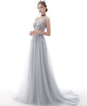 A-Line Silver Gray V-Neck Floor-Length Tulle Sequin Prom Dress with Beaded Bodice
