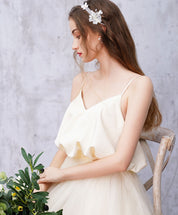 A-Line Spaghetti Straps Floor-Length Ivory Tulle Flowing Prom Dress