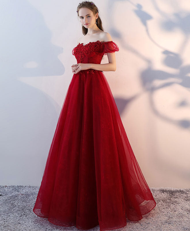 A-Line Off-the-Shoulder Floor-Length Red Tulle Lace Appliqué Prom Dress with Short Sleeves