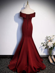 Mermaid/A-Line Off-the-Shoulder Floor-Length Burgundy Tulle Prom Dress with Sculptural Bow Detail