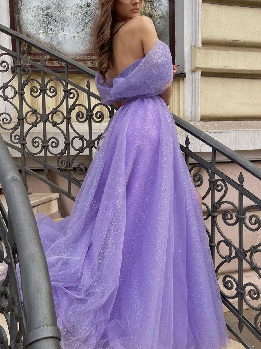 Lilac Ball Gown Sweetheart Floor-Length Tulle Prom Dress with Glitter Tulle