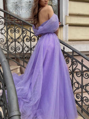 Lilac Ball Gown Sweetheart Floor-Length Tulle Prom Dress with Glitter Tulle