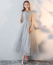 A-Line Illusion Neck Tea-Length Light Grey Tulle Lace Prom Dress with Delicate Floral Texture