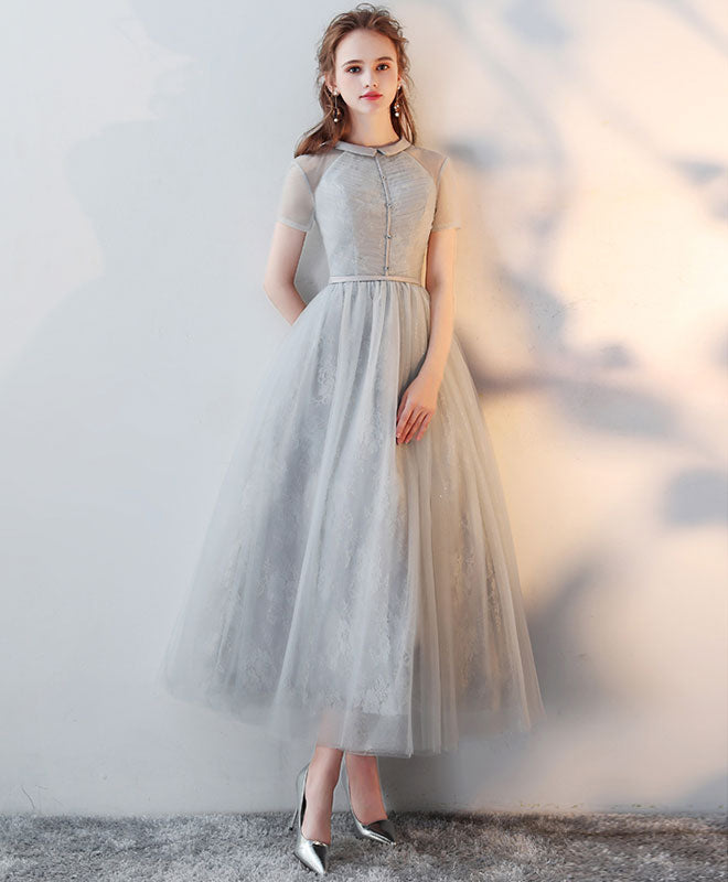 A-Line Illusion Neck Tea-Length Light Grey Tulle Lace Prom Dress with Delicate Floral Texture