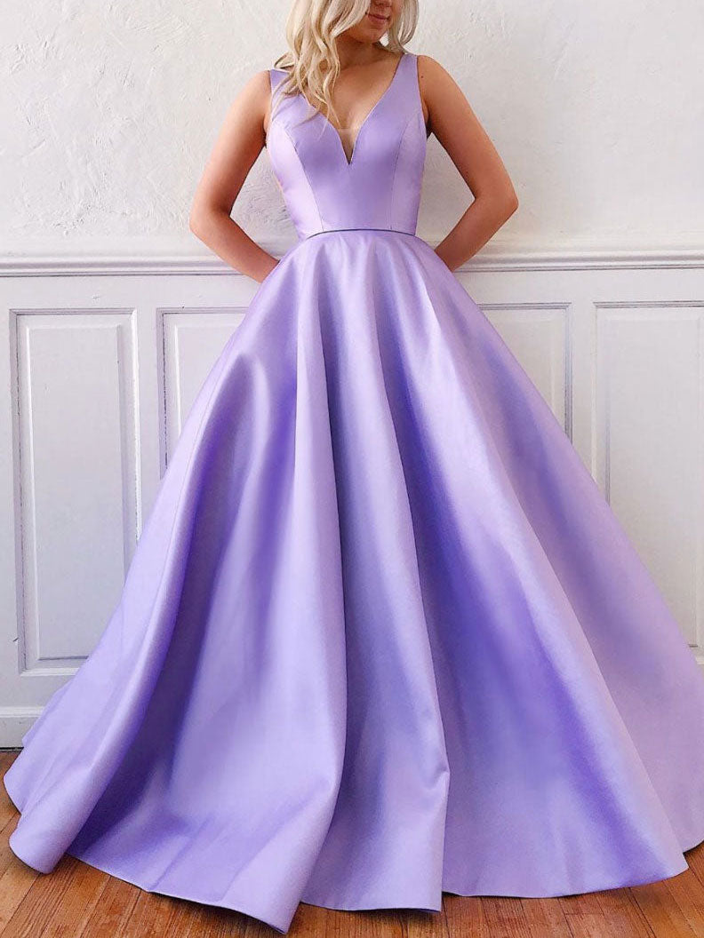 Lavender A-Line V Neck Floor-Length Satin Prom Dress with Clean Structured Bodice