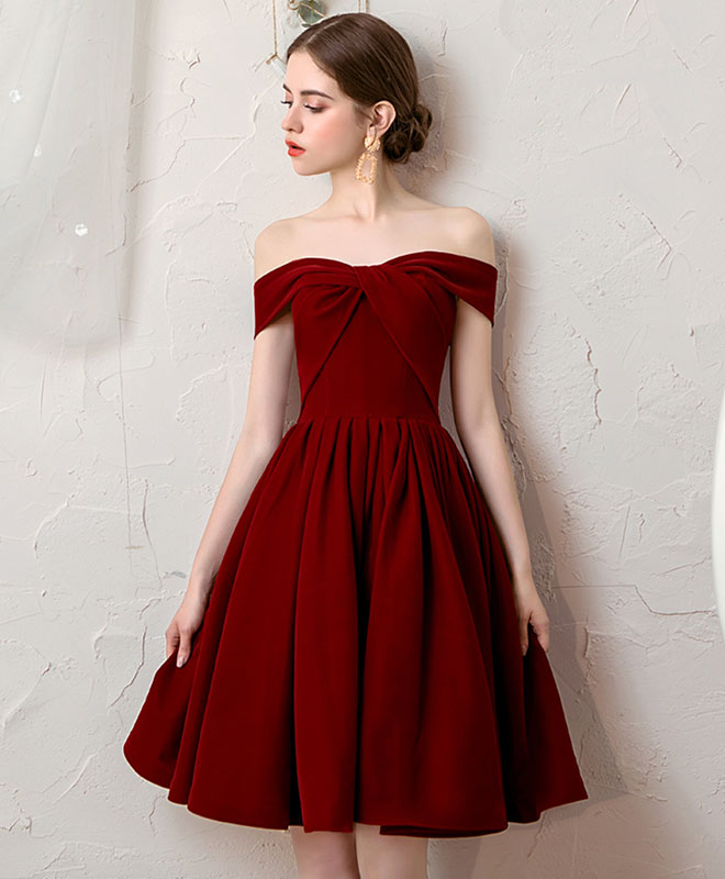 A-Line Off-Shoulder Velvet Knee-Length Homecoming Dress with Bow Detail