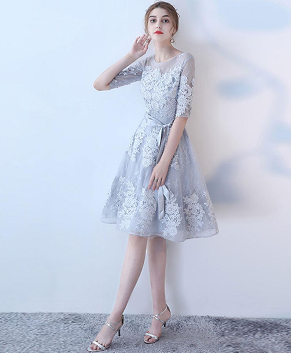 A-Line Illusion Neck Knee-Length Light Gray Tulle Lace Homecoming Dress with Floral Appliqué
