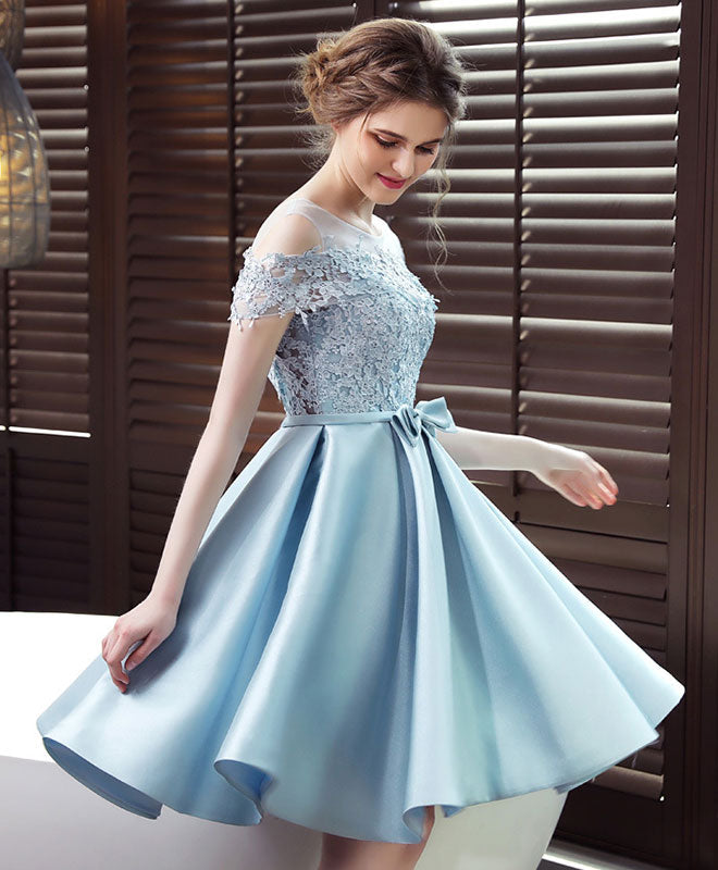 A-line Illusion Off-the-Shoulder Knee-Length Satin & Lace Dress with Bow Homecoming Dress