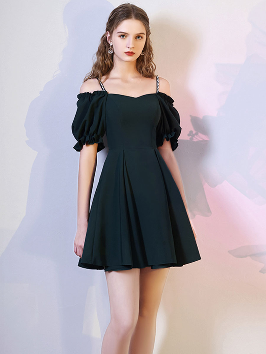 A-Line Sweetheart Knee-Length Black Chiffon Homecoming Dress with Off-the-Shoulder Ruffle Sleeves